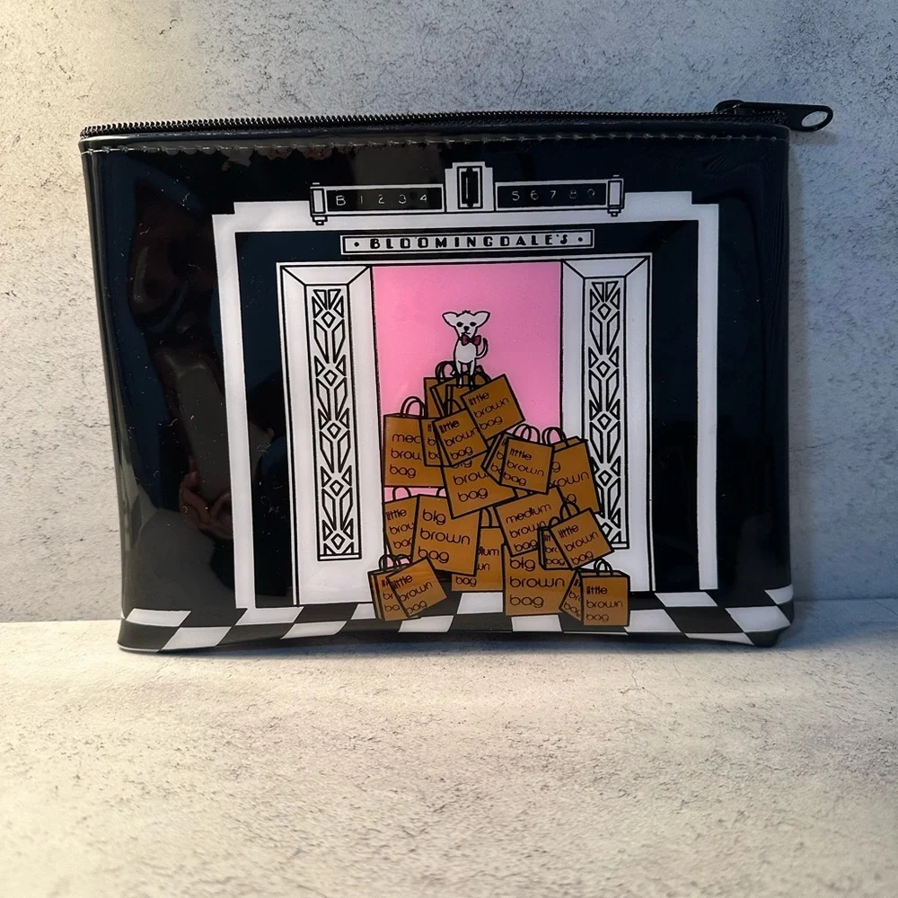Bloomingdale's Black Pink Shopper Pouch with Brown Bag Print